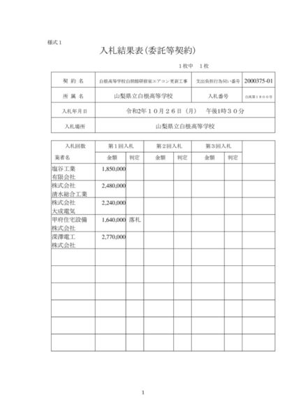 【白根高校】　入札結果表（白根高等学校白朋館研修室エアコン更新工事）のサムネイル